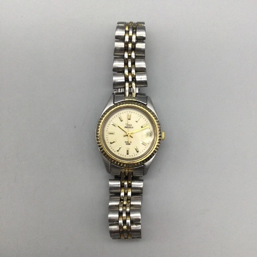 Timex Indiglo Womens Watch 24mm Champagne Dial Two Tone Date New Battery 6.5